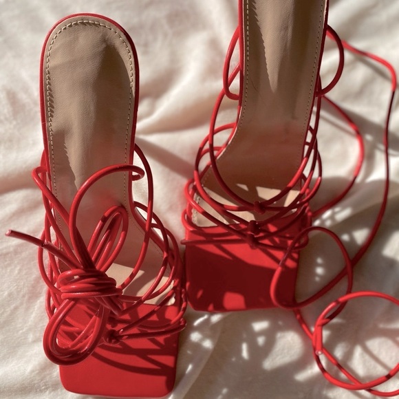 Red Strappy Square Toe Lace-Up Women's Heels - Picture 3 of 11